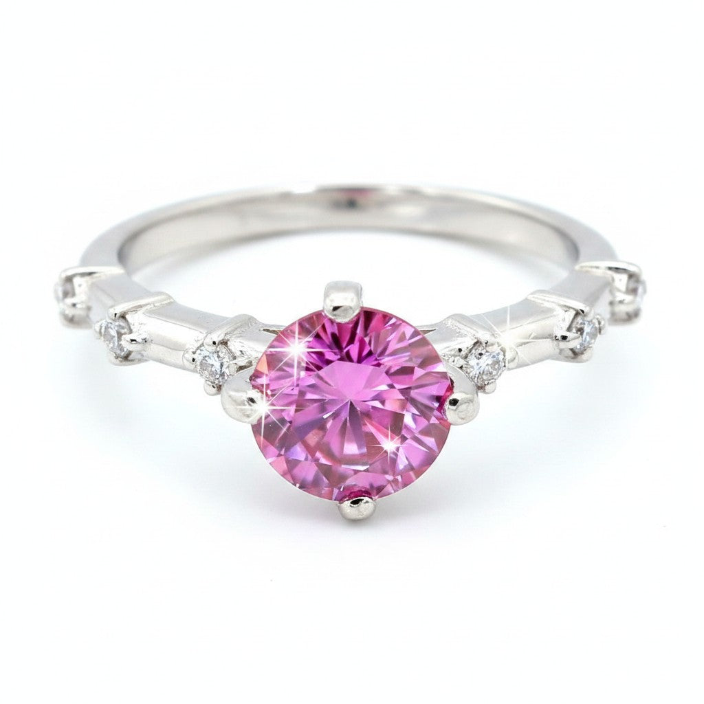 GEMHUB 1.3ct pink moissanite solitaire ring in 18K gold plated vermeil over sterling silver with accent stones.