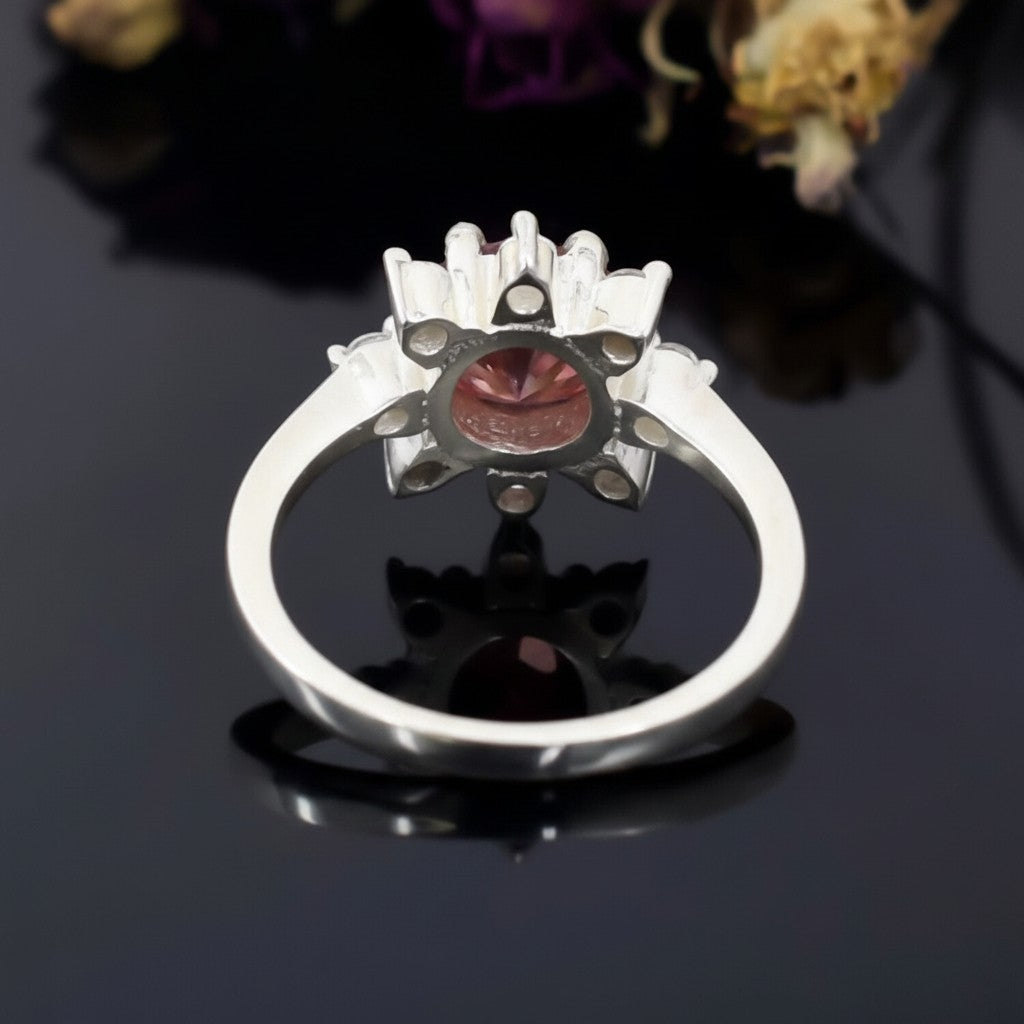 GEMHUB 2.5ct round pink moissanite solitaire ring in 18K gold plated sterling silver.
