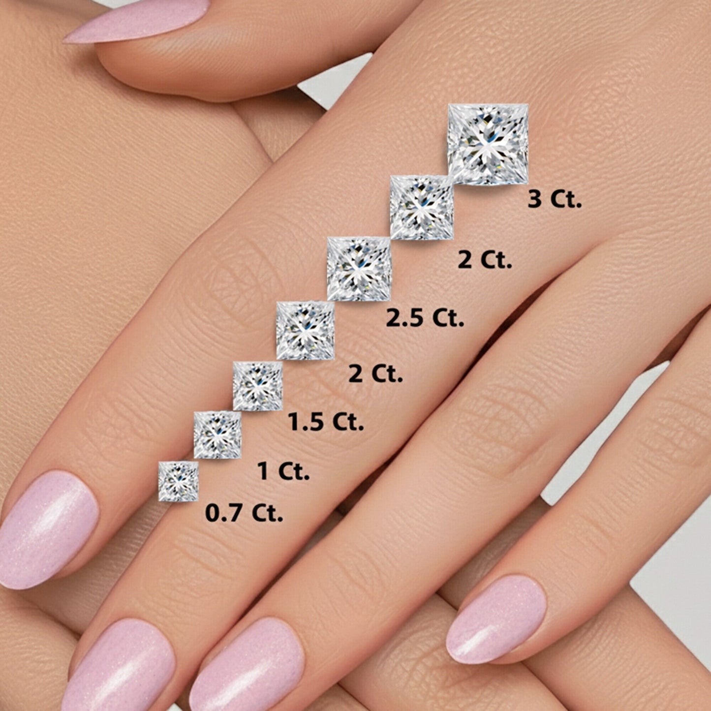 GEMHUB Princess cut lab-created diamonds shown in various carat sizes on a hand. 950 Platinum.