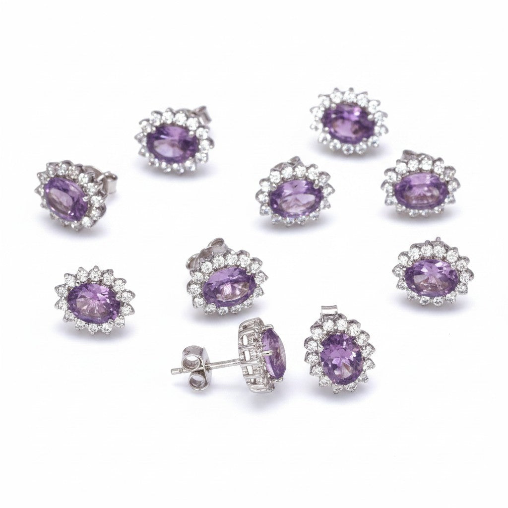 GEMHUB 5 pairs of oval purple amethyst stud earrings with halo of small white stones in 925 sterling silver.