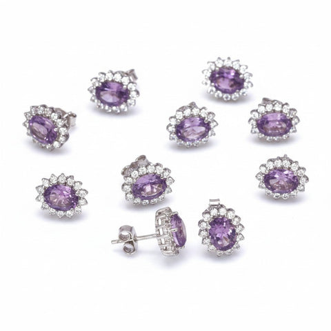 GEMHUB 5 pairs of oval purple amethyst stud earrings with halo of small white stones in 925 sterling silver.