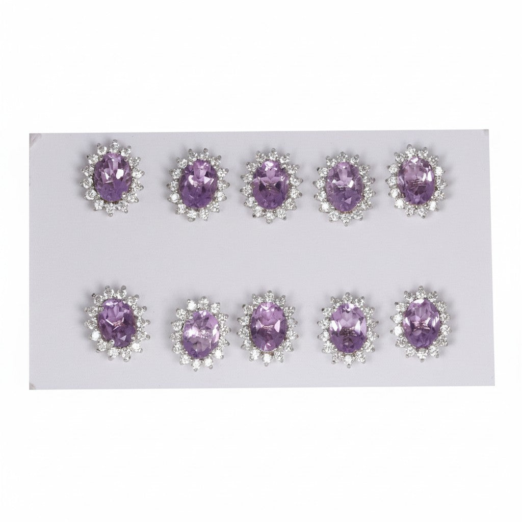 GEMHUB 5 pairs of oval purple amethyst stud earrings with halo of small white stones, set in 925 sterling silver.