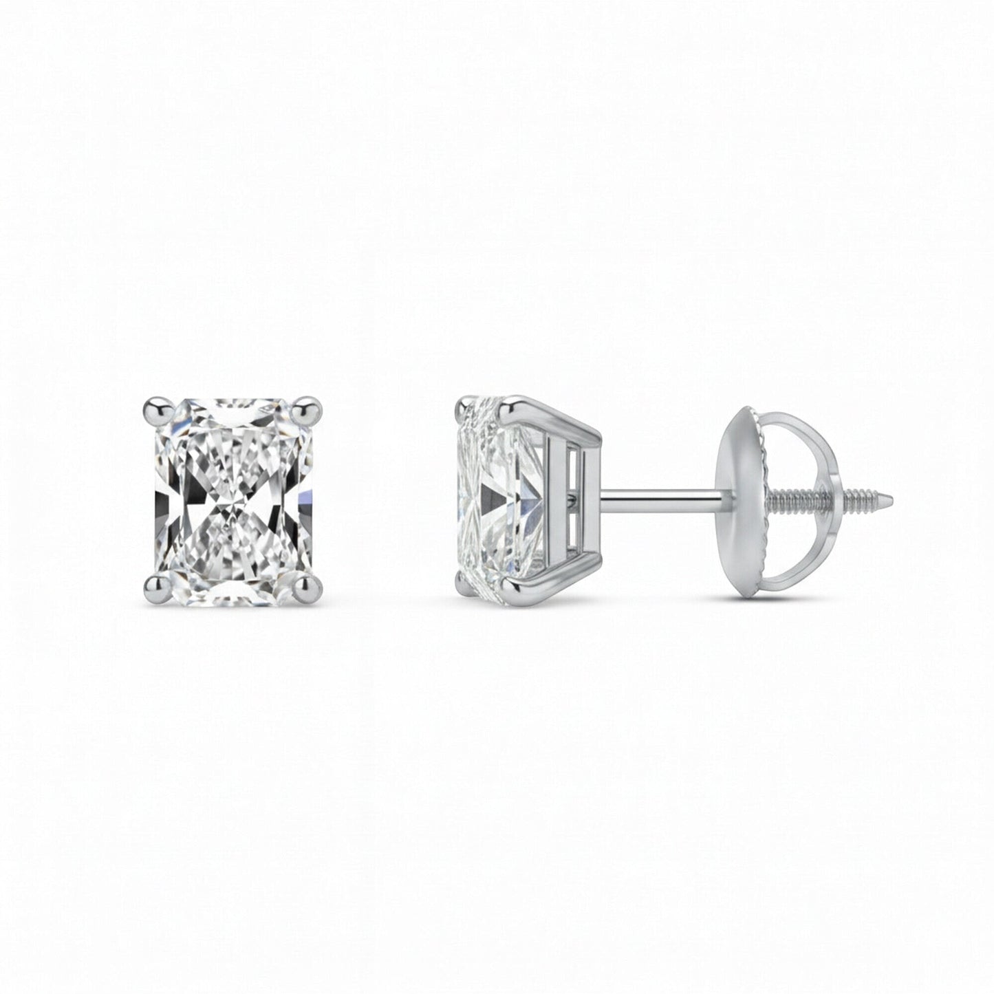 GEMHUB Radiant cut lab-grown diamond stud earrings in 950 platinum with screw backs, 3 ctw, F/VS clarity.