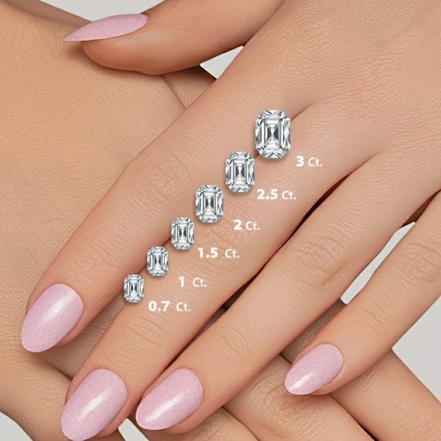 GEMHUB radiant cut lab grown diamonds in various carat sizes shown on a hand.