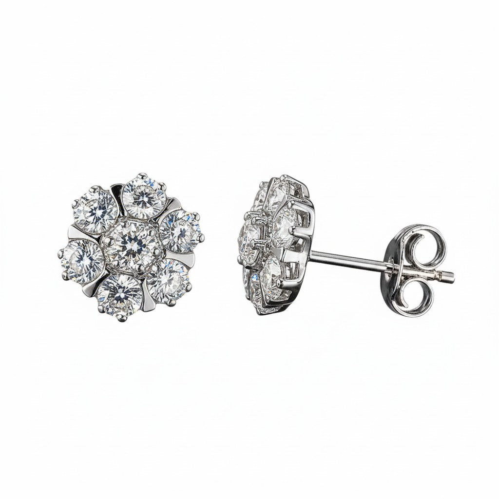 GEMHUB 10 Ct round cut white topaz cluster stud earrings in 925 sterling silver.