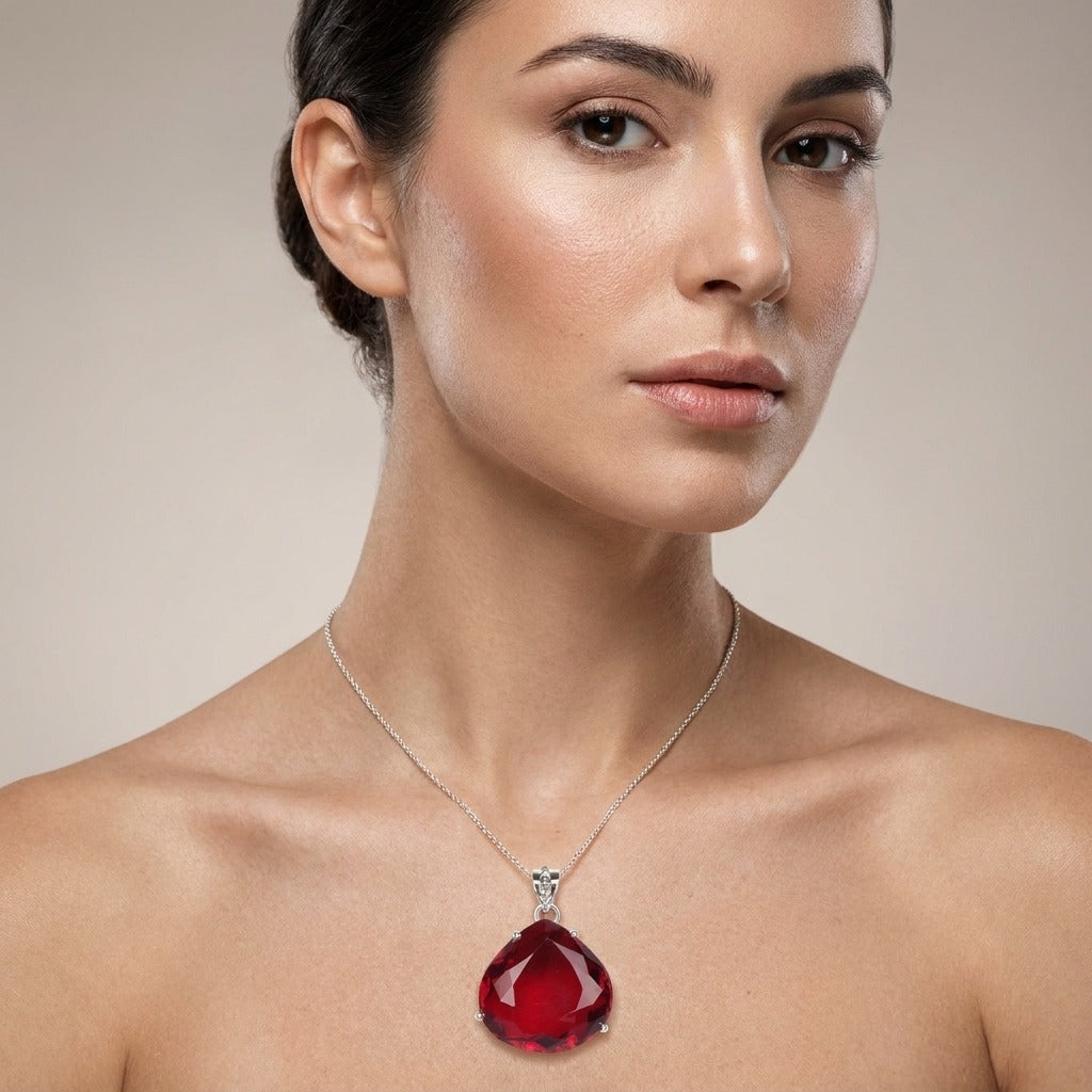 GEMHUB model-wearing (AI) Red Topaz Pear 90 Ct