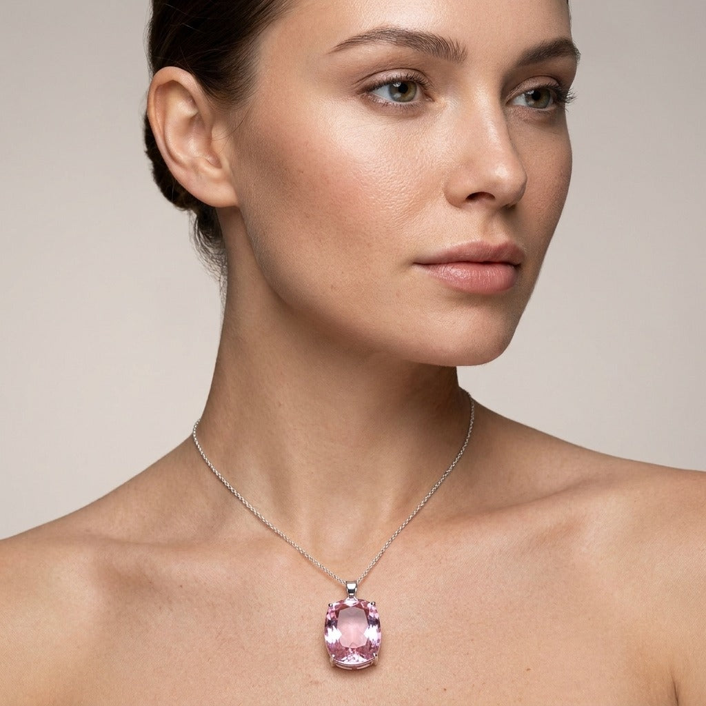 GEMHUB model-wearing (AI) Pink Topaz Cushion 86.45 Ct