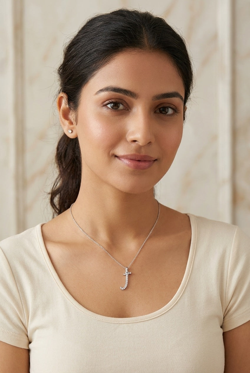 GEMHUB model wearing initial J pendant