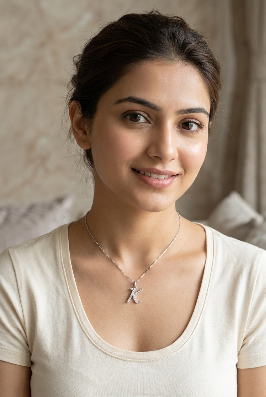 GEMHUB model wearing initial K pendant