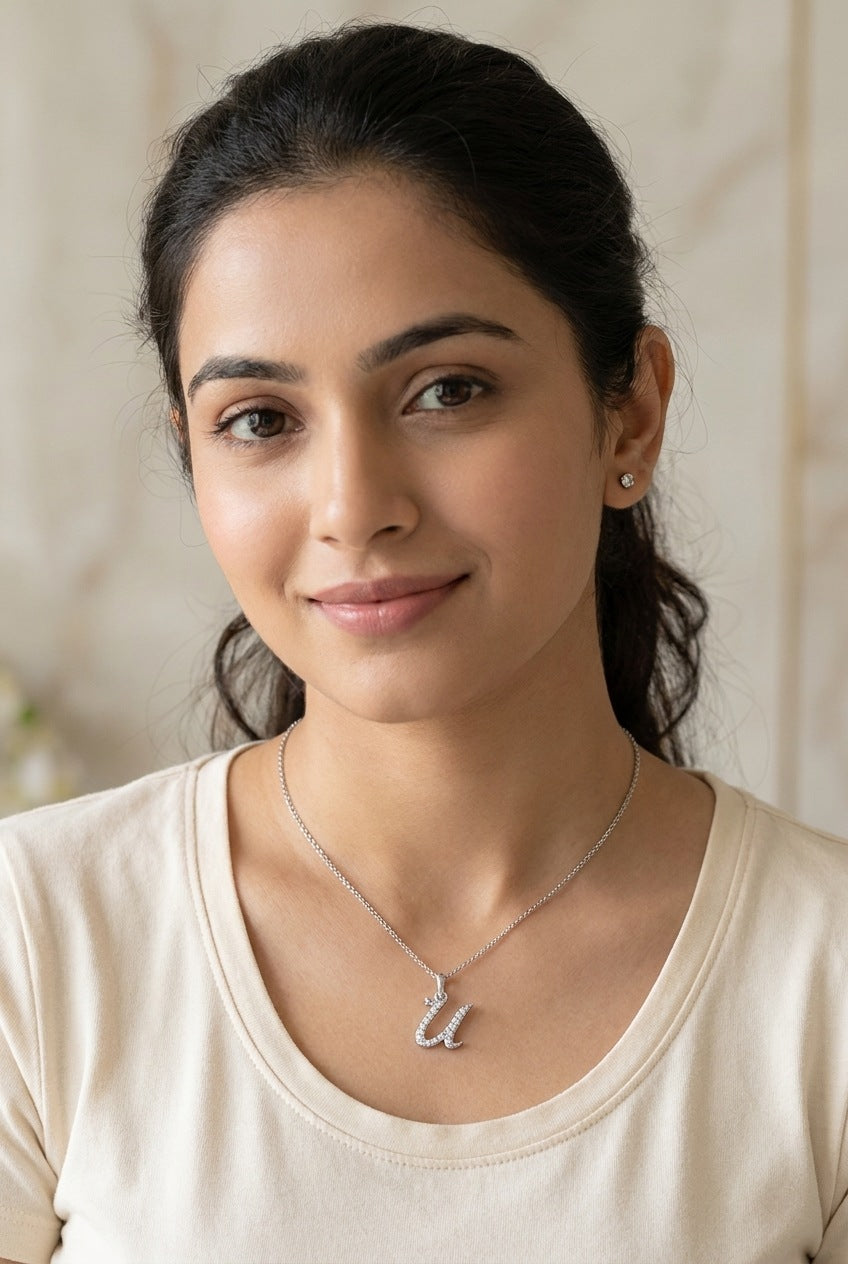 GEMHUB model wearing initial U pendant