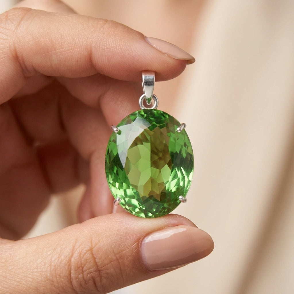 GEMHUB Green Amethyst Oval 100 Ct pendant held in hand for size (AI)