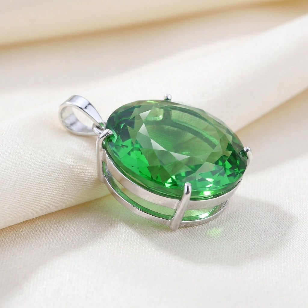 GEMHUB Green Amethyst Round 133.4 Ct pendant side view on silk (AI)