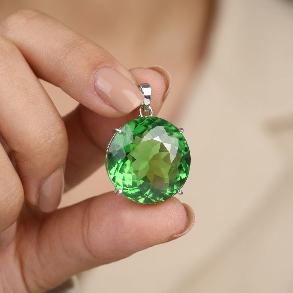 GEMHUB Green Amethyst Round 133.4 Ct pendant held in hand for size (AI)