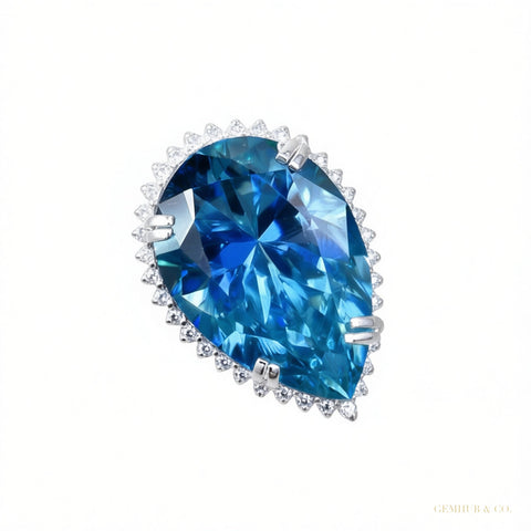 HUGE 48 ct DEW Pear Cut Blue Treated Moissanite Ring in – Statement Gift 18K Gold Plate 18K Gold Plated – white background main image