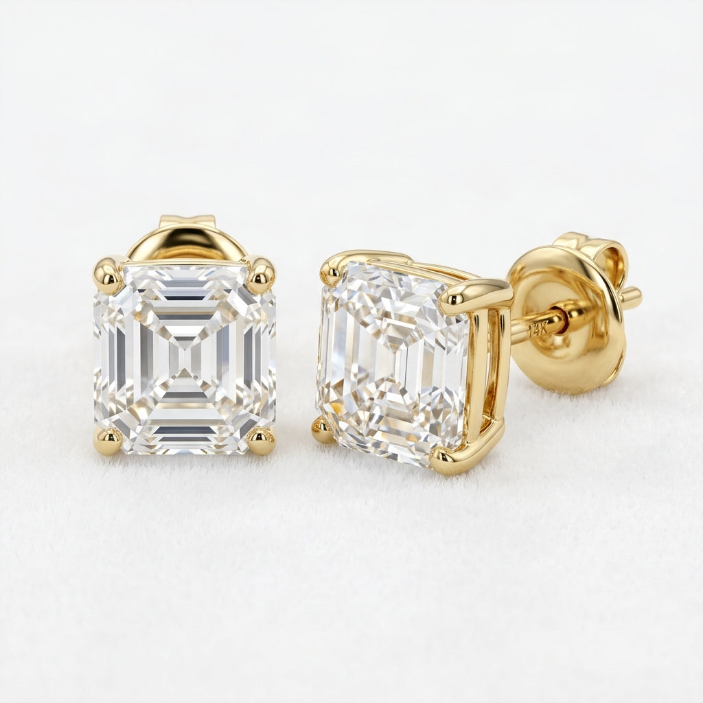 14K Yellow Gold Asscher Cut Stud Earrings Pair