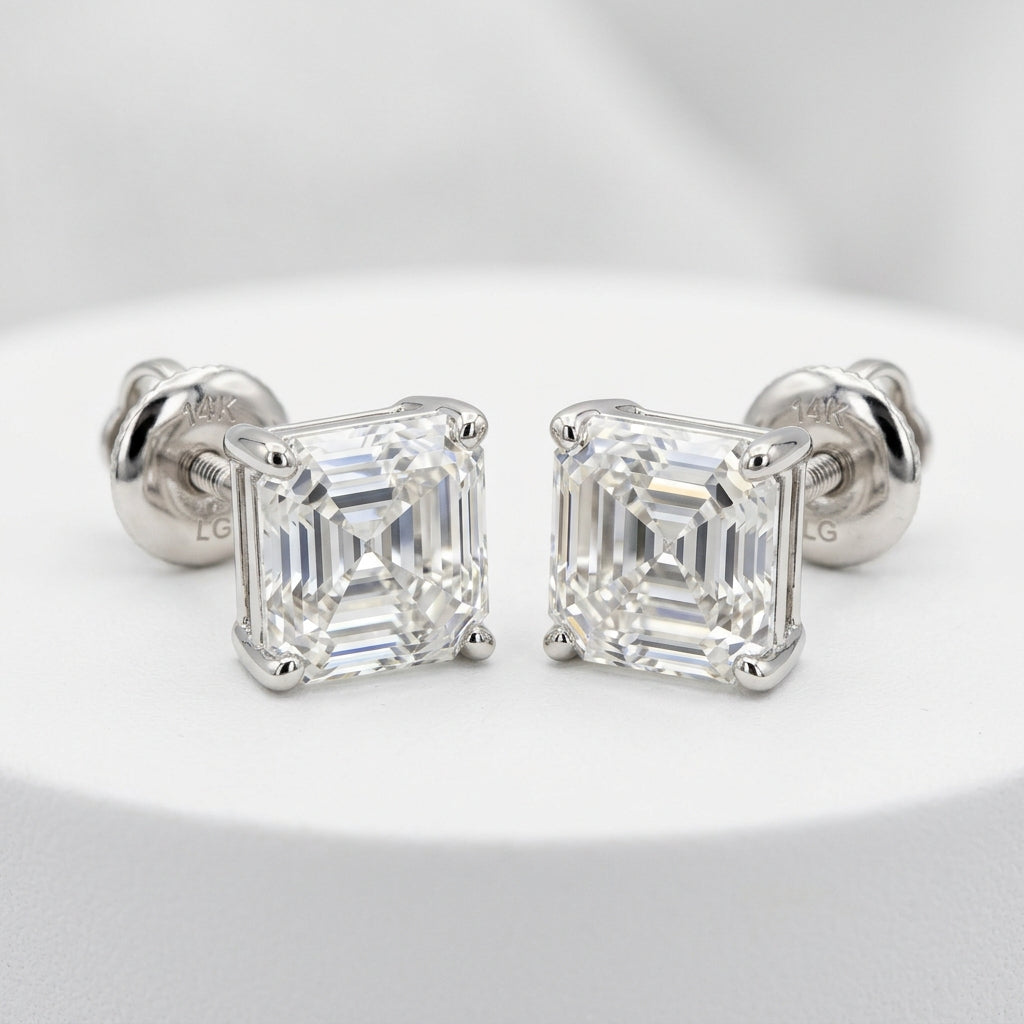 14K White Gold Asscher Cut Stud Earrings Pair