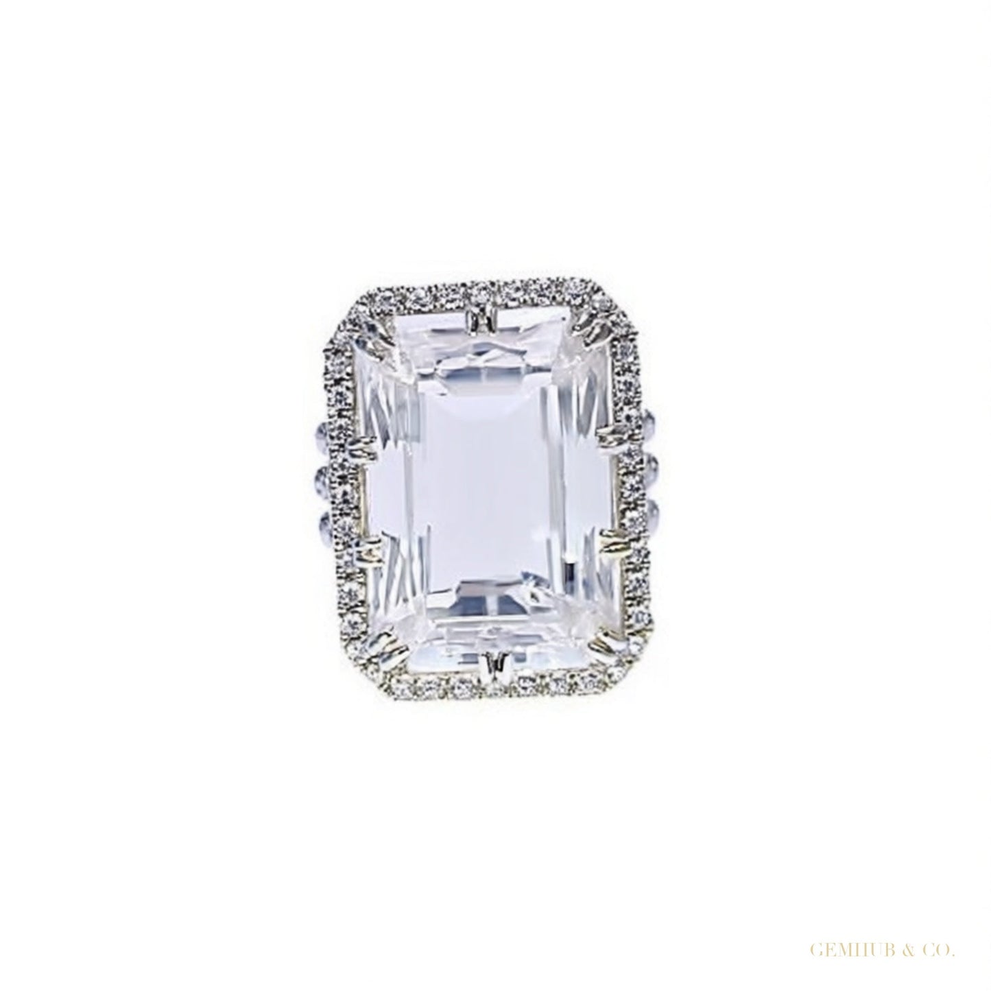 RARE 22.60 ct DEW Emerald Cut Off White Treated Moissanite Ring in WOW 18K Gold Plated 18K Gold Plated – white background main image