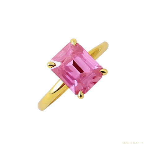 RARE 3.45 ct DEW Emerald Cut Pink Moissanite Solitaire Ring in Certified 18K Gold Plate 18K Gold Plated – white background main image