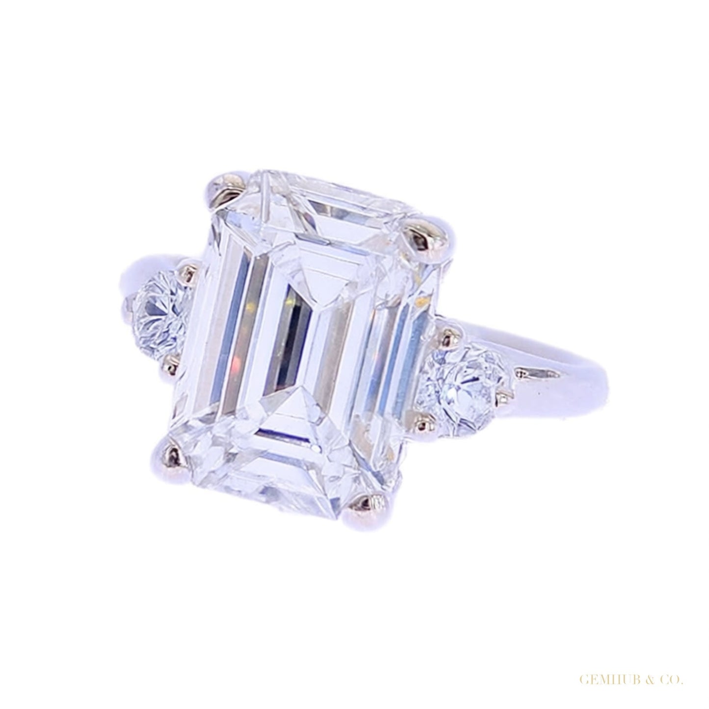 RARE 5.50 ct DEW Emerald Cut Off White Treated Moissanite Ring in Cert 18K Gold Plated 18K Gold Plated – white background main image