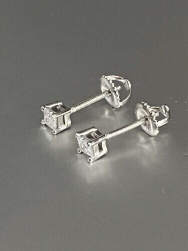 Screw Back Princess Shape Natural Diamond Stud Earrings 4-Prong 14k White Gold - Image 4 - GEMHUB