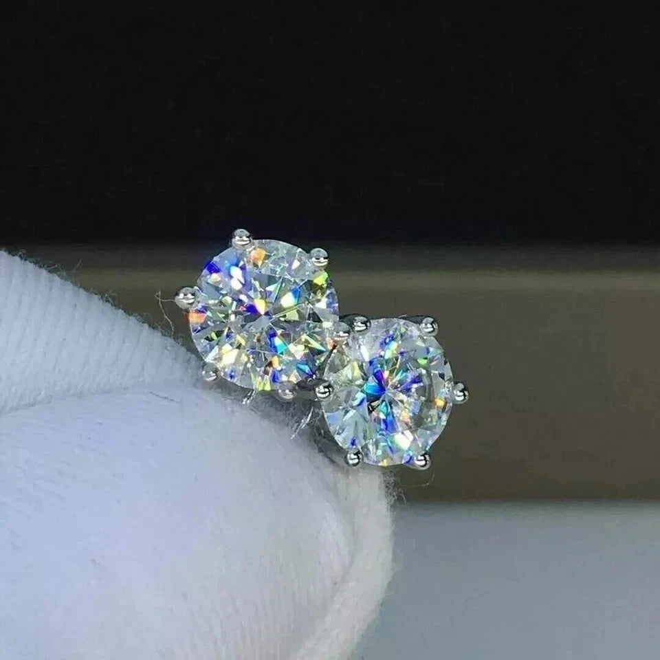 Round Cut Natural Diamond Women's 6 Prong Set Stud Earrings 14k White Gold - GEMHUB