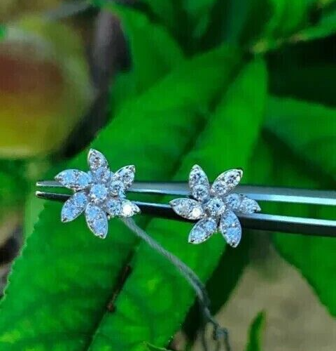 Round Cut Natural Diamond Flower Shape Studs Women's Earrings 14k White Gold - GEMHUB