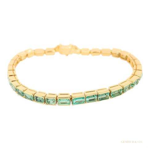 Certified Natural Green Emerald Tennis Bracelet For Men 14k Solid Gold Bezel Set – white background main image