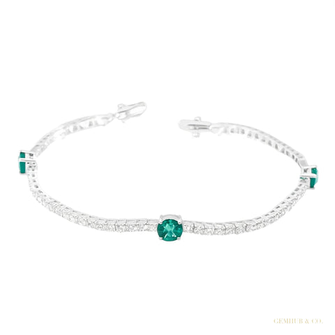 Certified Natural Diamond & Zambian Emerald Her Tennis Bracelet 14k White Gold – white background main image