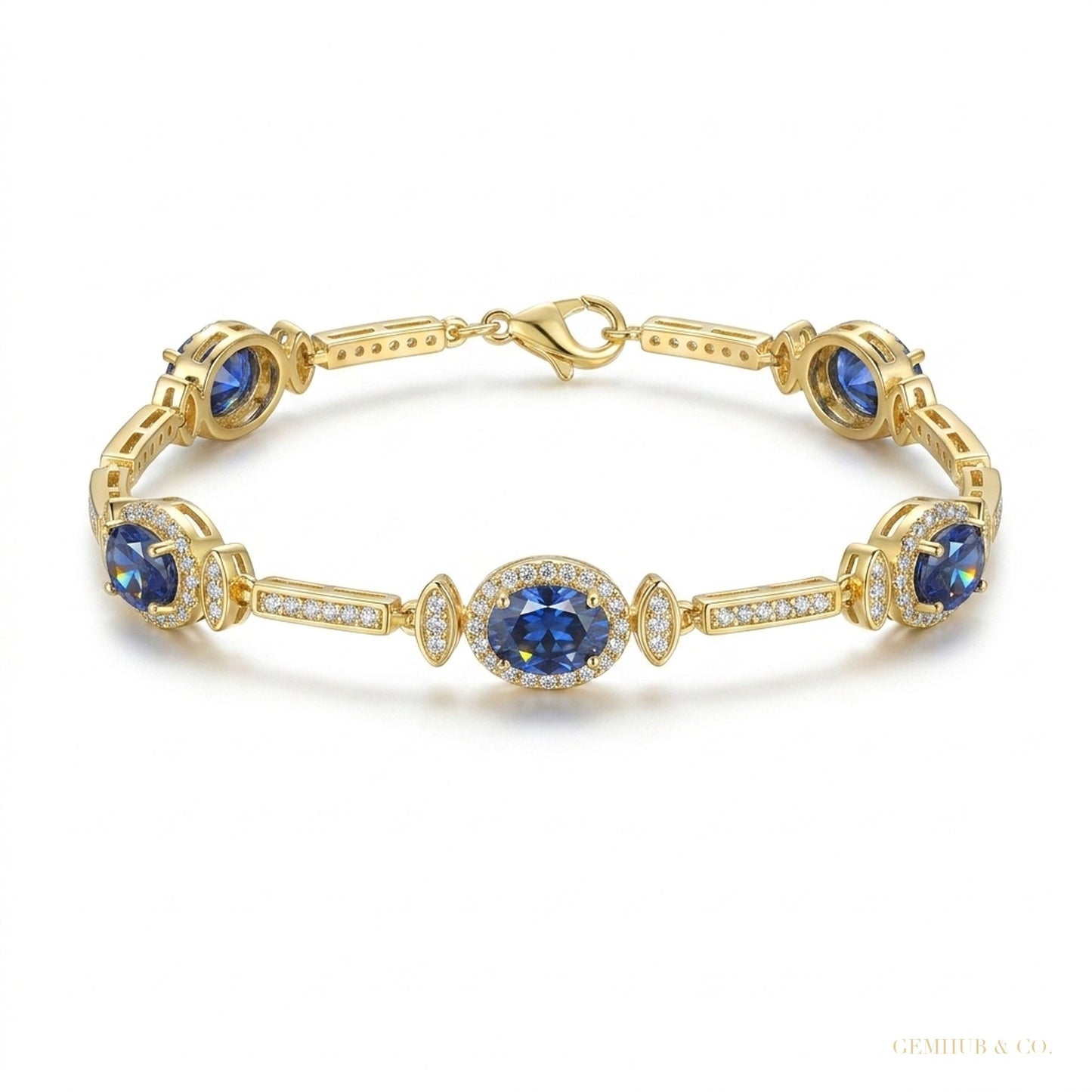 Certified Oval Cut Natural Sapphire & Diamond Chain Tennis Bracelet 14k Gold – white background main image