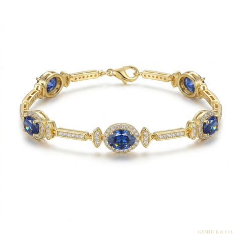 Certified Oval Cut Natural Sapphire & Diamond Chain Tennis Bracelet 14k Gold – white background main image