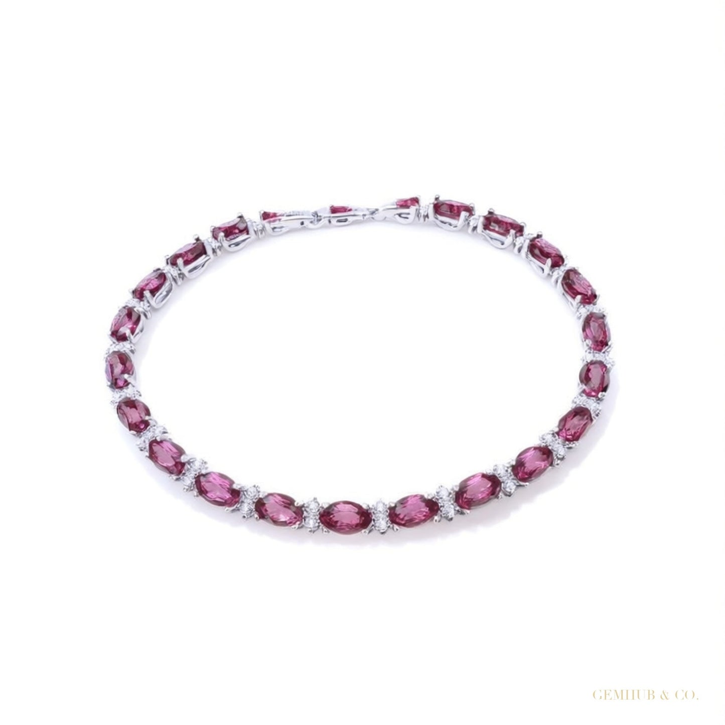 Natural Oval Cut Red Ruby & Round Diamond 14k White Gold Wedding Tennis Bracelet – white background main image