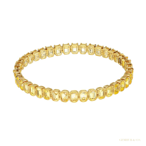 Bezel Set Emerald Fancy Vivid Yellow Lab-Grown Diamond Tennis Bracelet 14k Gold – white background main image