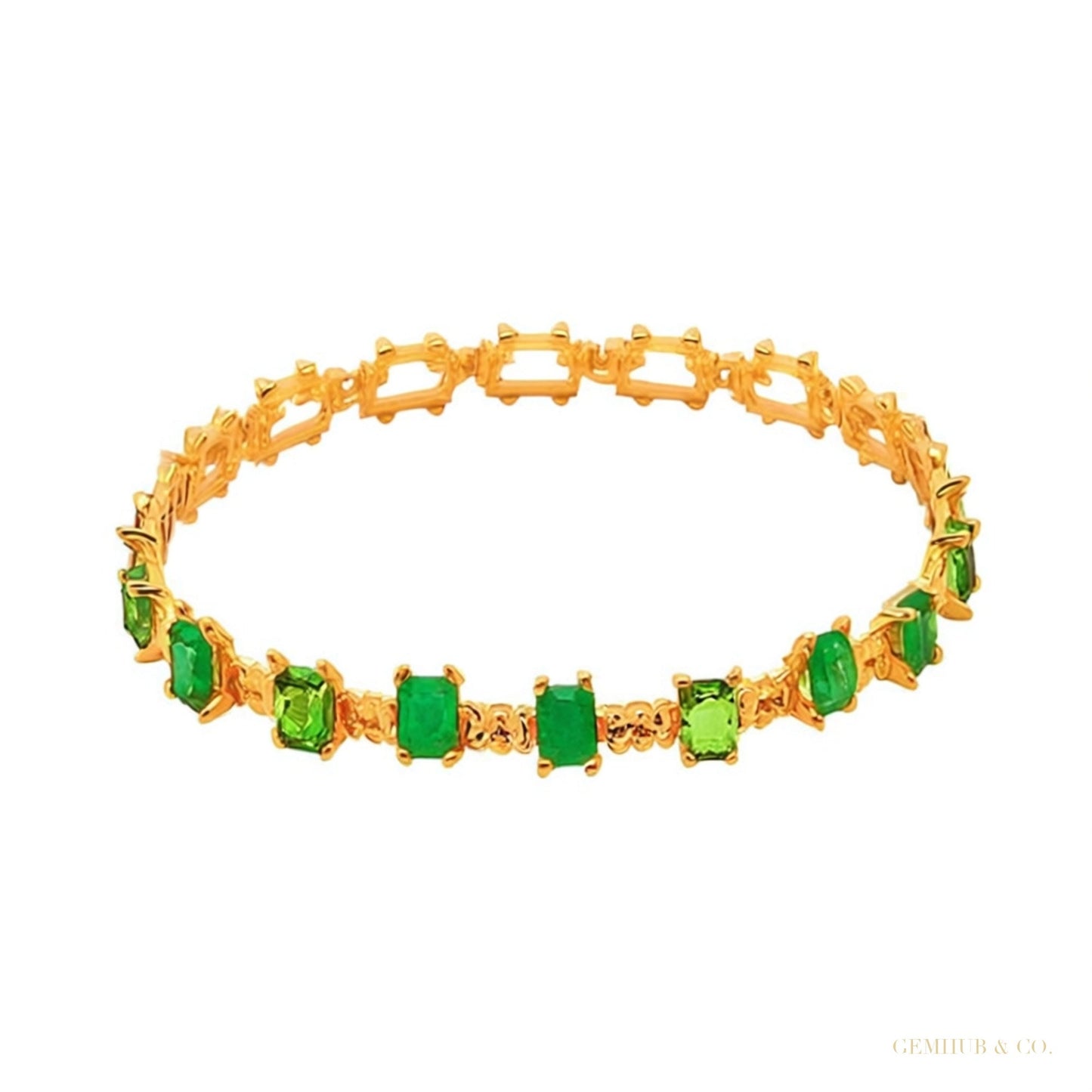 Natural Green Emerald & Diamond Women's Tennis Bracelet Solid 14k Yellow Gold – white background main image