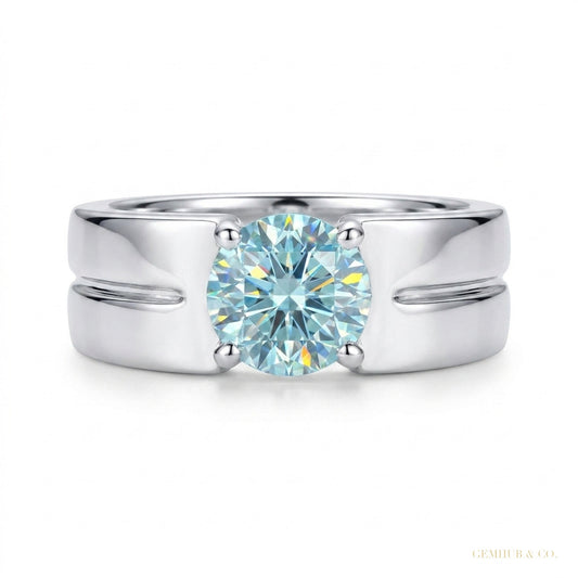 1.50 ct DEW Blue Moissanite Solitaire Ring in Certified Gem 18K Gold Plated – white background main image