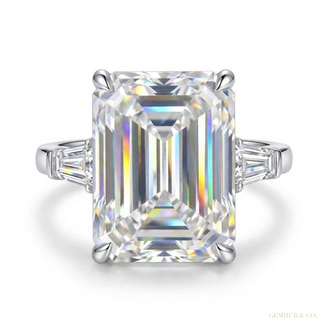14.50 ct DEW EGL Certified White Emerald Cut Moissanite Ring 18K Gold Plated – white background main image