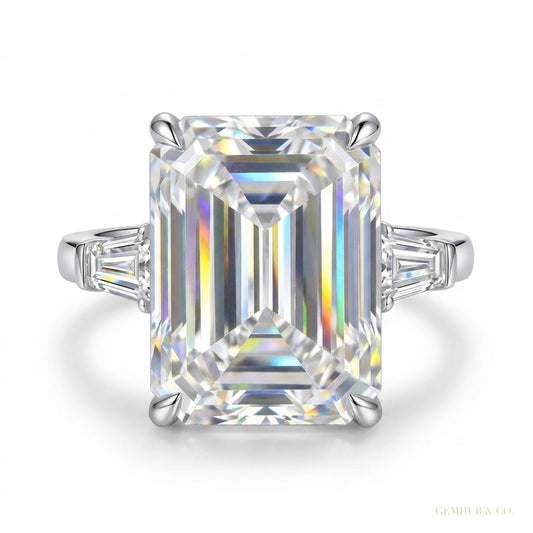 14.50 ct DEW EGL Certified White Emerald Cut Moissanite Ring 18K Gold Plated – white background main image