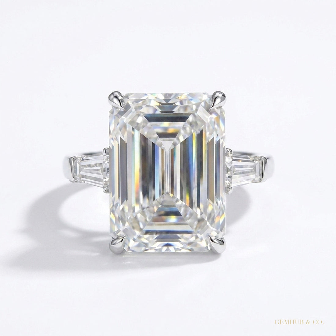 14.50 ct DEW Emerald Cut Off White Moissanite Ring – Bridal Jewellery 18K Gold Plated Vermeil – white background main image