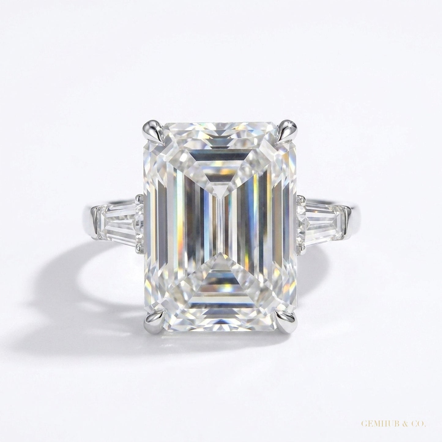 14.50 ct DEW Emerald Cut Off White Moissanite Ring – Bridal Jewellery 18K Gold Plated Ver 18K Gold Plated – white background main image