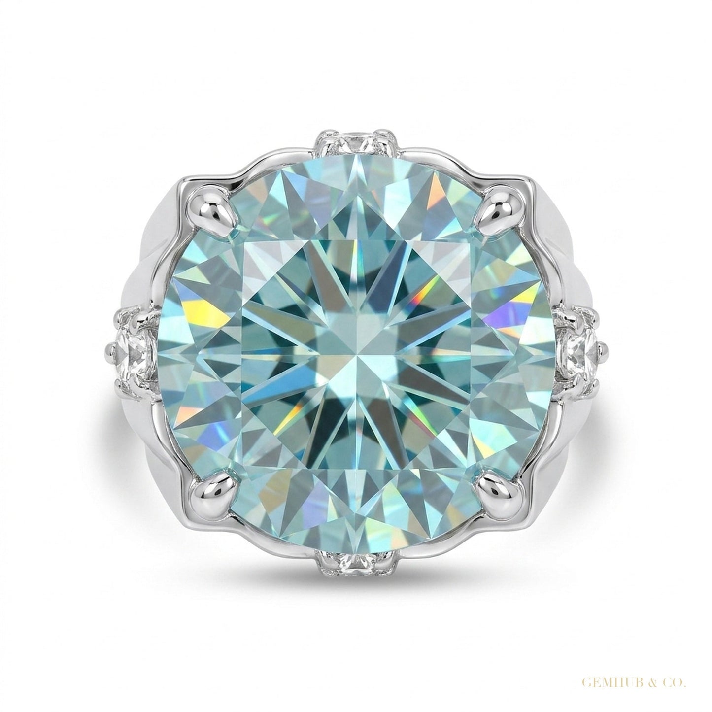 15.40 ct DEW Round Blue Moissanite Ring Festival Gift for Wife or Mom 18K Gold Plated V 18K Gold Plated – white background main image