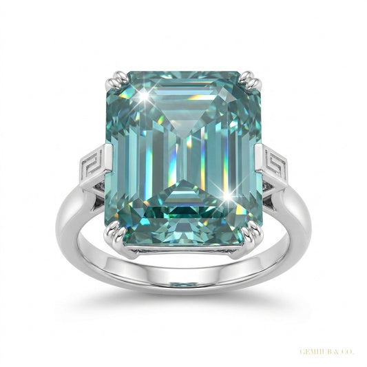 18.60 ct DEW Emerald Cut Blue Moissanite Ring in Certified Statement 18K Gold Plated Ve 18K Gold Plated – white background main image