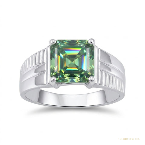 2.20 ct DEW Emerald Cut Blue Treated Moissanite Ring in – Certified Gem 18K Gold Plated – white background main image