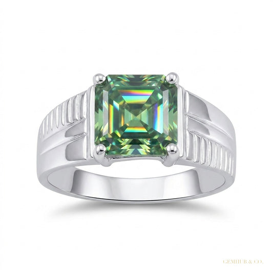2.20 ct DEW Emerald Cut Blue Treated Moissanite Ring in – Certified Gem 18K Gold Plated – white background main image
