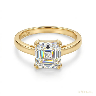 2.40 ct DEW Certified Asscher Cut Off White Moissanite Ring 18K Gold Plated