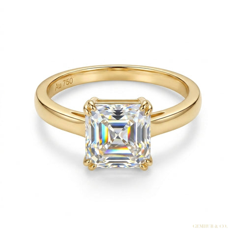 2.40 ct DEW Certified Asscher Cut Off White Moissanite Ring 18K Gold Plated – white background main image