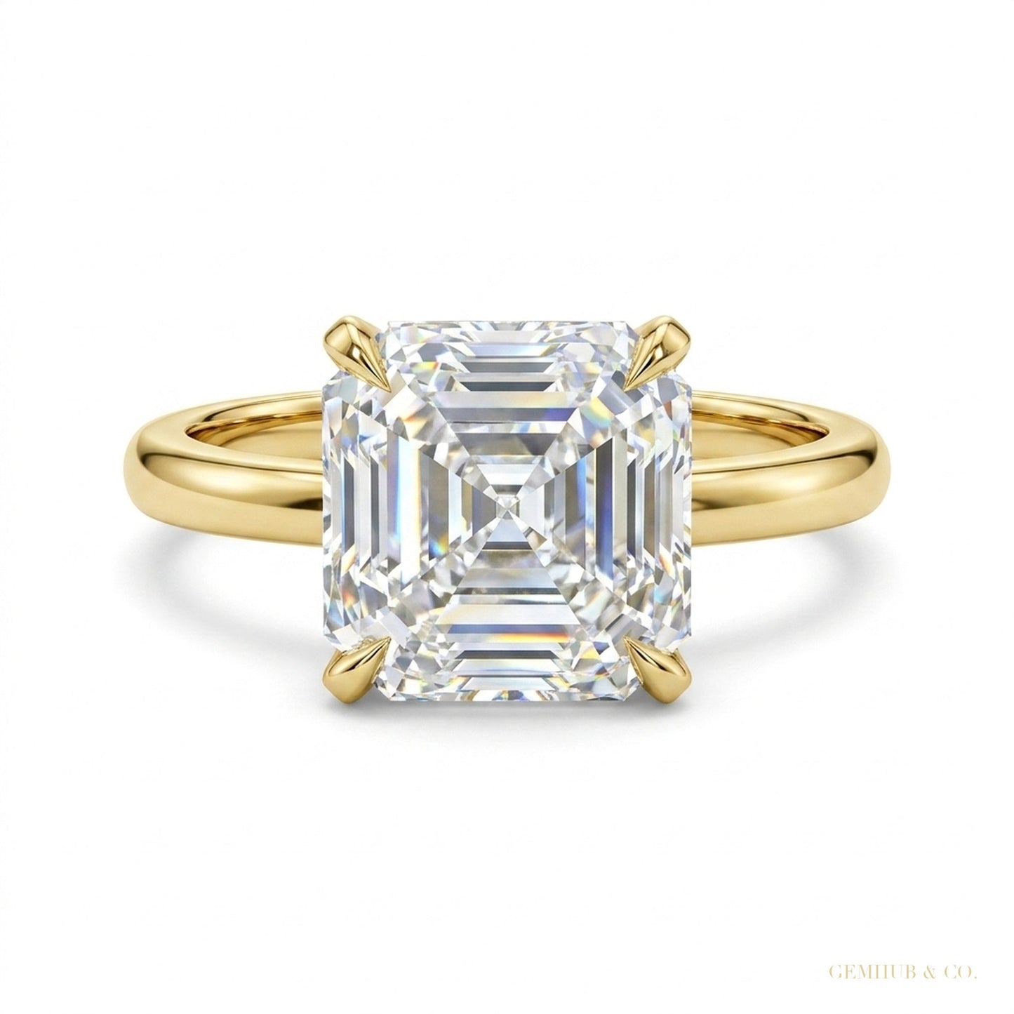 2.80 ct DEW Asscher Cut White Treated Moissanite Solitaire Ring in Cert 18K Gold Plated – white background main image