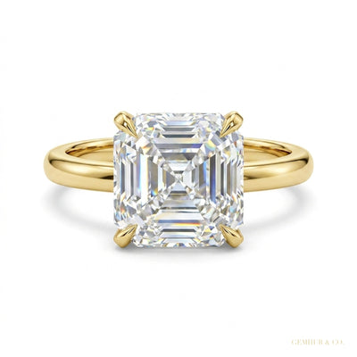 2.80 ct DEW Asscher Cut White Treated Moissanite Solitaire Ring in Cert 18K Gold Plated
