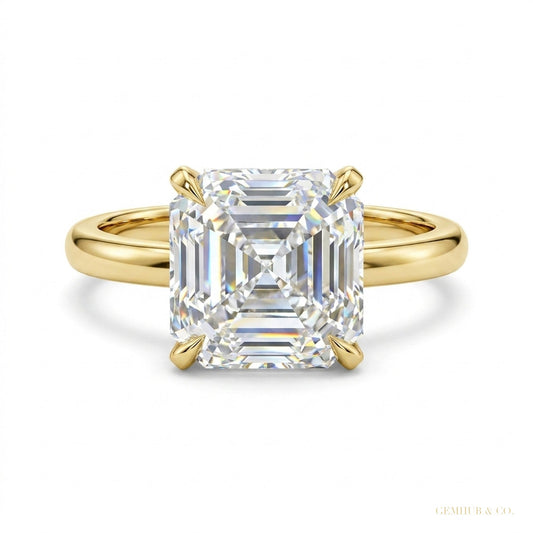 2.80 ct DEW Asscher Cut White Treated Moissanite Solitaire Ring in Cert 18K Gold Plated – white background main image
