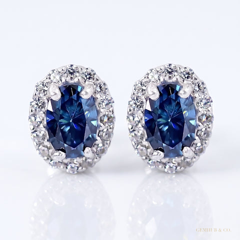 2.00ct DEW certified blue moissanite halo stud earrings in gold vermeil - white background main image