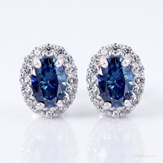 2.00ct DEW certified blue moissanite halo stud earrings in gold vermeil - white background main image