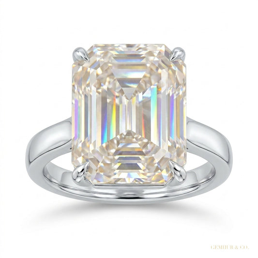 27.50 ct DEW Certified Emerald Cut White Moissanite Solitaire Ring in Gold Vermeil – white background main image